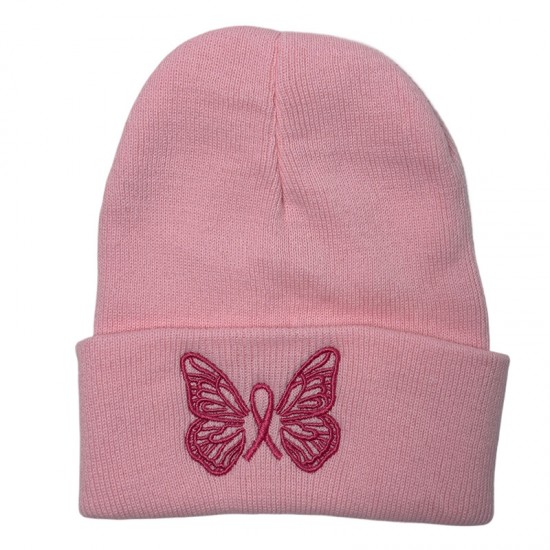 New cross-border men's and women's autumn and winter trendy pink knitted hats with cute butterfly embroidery, warm pullovers for students.
