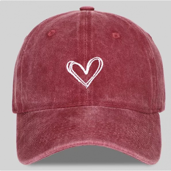 Heart heart retro casual washed distressed baseball cap for women, 2026 new summer burgundy wide-brim sun visor baseball cap