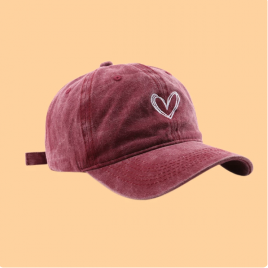 Heart heart retro casual washed distressed baseball cap for women, 2026 new summer burgundy wide-brim sun visor baseball cap